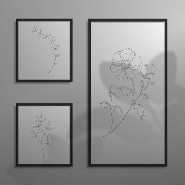 现实的框架。3D海报与花卉阴影叠加效果。框架挂在墙上。植物遮阴。花线艺术。植物绘画。照片拼贴。矢量内部背景图片下载