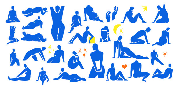 剪出女性设定，当代造型剪影，手绘蓝人身段。平面时尚现代艺术拼贴，贴花新潮海报，中世纪印刷家居设计。孤立。矢量图片下载