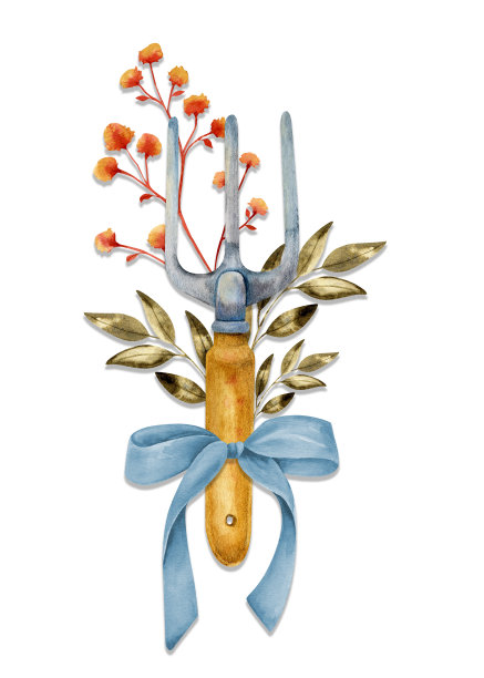 卡片上有园艺工具和鲜花送给花店或园丁。花店标志、标签。祝奶奶节快乐，母亲节快乐。用园艺工具构图图片下载