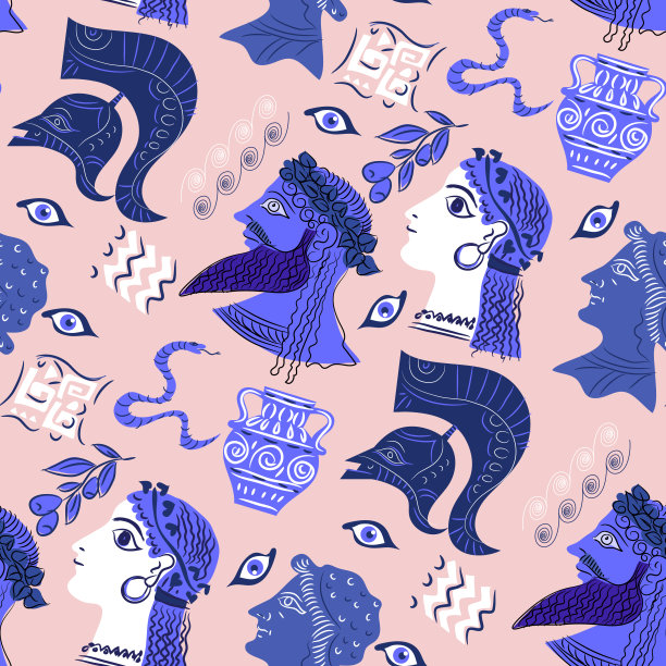 现代手绘无缝图案在卡通古希腊风格图片下载