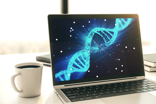 现代笔记本电脑显示器，生物技术和遗传概念的创造性DNA草图。三维渲染图片下载