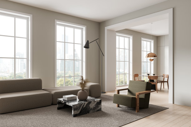 现代家庭客厅内部配有餐桌和沙发，全景窗户图片下载