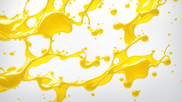 特写黄色果汁液体溅在白色背景上，创造出动态的、抽象的图案。三维渲染图片下载