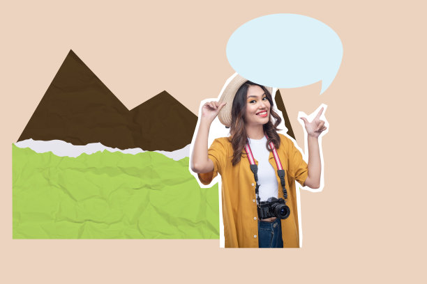 一个戴着帽子的女人的肖像和一个相机指向一个空白的演讲气泡，用于复制空间图片下载