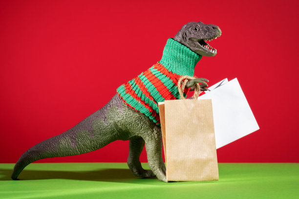 可爱的恐龙在针织毛衣与购物袋在红色和绿色的背景。图片下载