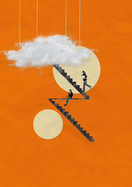 以商业为主题的当代艺术拼贴画，以抽象元素和充满活力的橙色背景的现代设计为特色图片下载