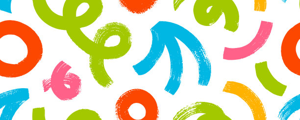 彩色无缝横幅设计与大胆的毛笔绘制的几何形状，歪斜，弯曲和圆形。幼稚的孟菲斯风格涂鸦。粗笔刷绘制形状粗糙的纹理。图片下载