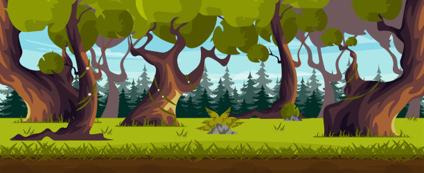 矢量插图的一个美丽的森林景观。卡通场景中的树木有着宽阔的树干、枝干、葱郁的树冠，爬藤、石头、植物、草地、道路、圣诞树在地平线上。图片下载