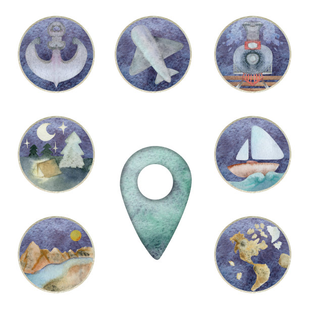 一套图标徽章别针运输，徒步露营性质，位置光标。孤立物体的水彩手绘艺术。设计旅游、旅游、宣传册、婚庆、导游、印刷、名片、纹身。图片下载