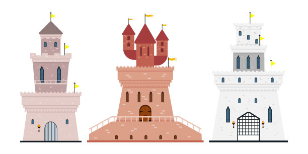 美丽的石头城堡矢量插画，各种颜色的城堡卡通场景，有塔、旗帜、楼梯、门、窗户、阳台、点燃的火，独立于白色背景图片下载