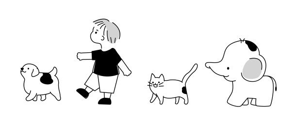 可爱的男孩与狗，猫和大象矢量插图散步图片下载
