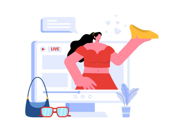 矢量插图的时尚博客与博主回顾时尚服装趋势的视频，在一个平坦的背景下设有一个在线跑道图片下载