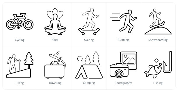 一套10个爱好图标，如骑自行车，瑜伽，滑冰图片下载