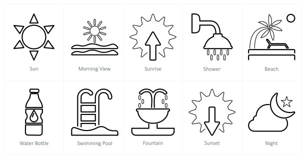 一组10个混合图标，如太阳，晨景，日出图片下载