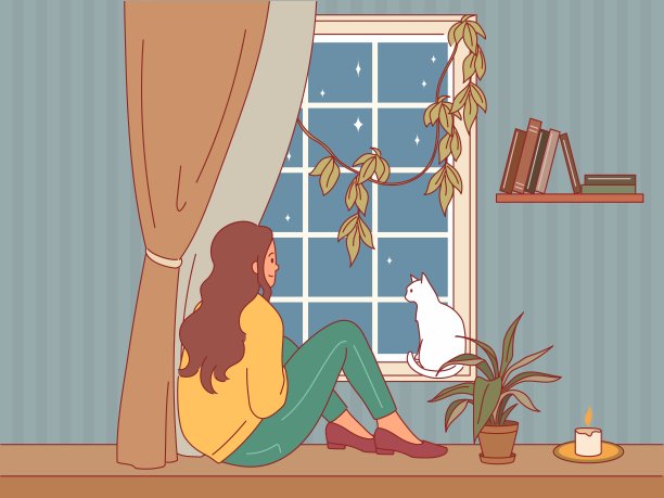 窗台上的女孩和猫。慵懒的周末女人，在舒适的房间内部放松，女人们看着夜空中的星星，主人和小猫，宠物在家里，卡通平面孤立的矢量概念图片下载