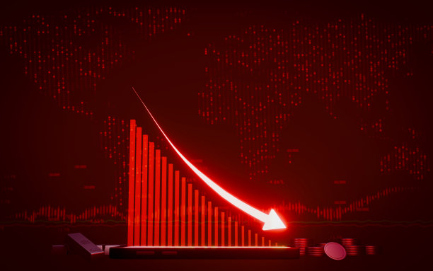 在股票市场上为盈利而交易。股票价格下跌，红色图表表示亏损。熊市，指市场价格的停滞或下跌。三维渲染图片下载