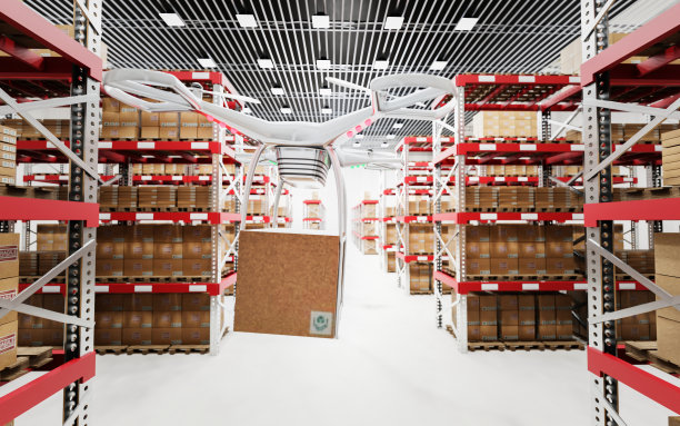 无人机在仓库里运输货物。仓库和货架和托盘上的许多包裹箱。仓库的库存系统。三维渲染图片下载