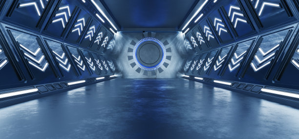 抽象的未来主义室内暗金属走廊，现代霓虹背景。神奇的隧道。工业背景。车库。科幻背景。未来的走廊。3 d渲染。图片下载