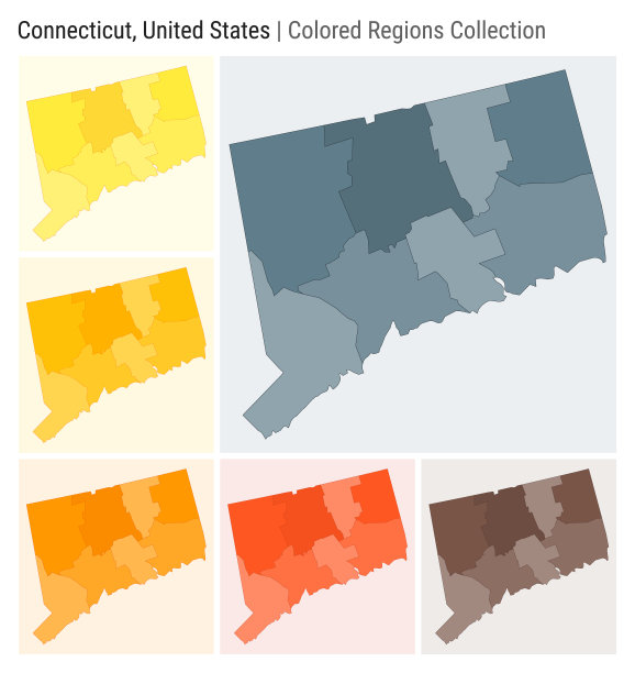康涅狄格州，美国。地图收藏。州的形状。彩色的县。蓝灰色，黄色，琥珀色，橙色，深橙色，棕色调色板。康涅狄格与各县的边界。图片下载