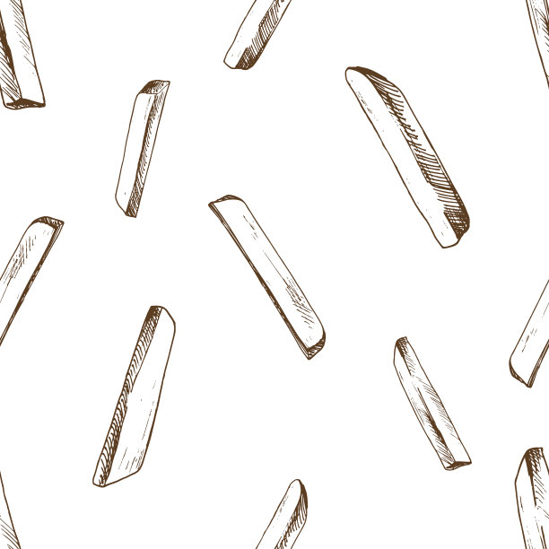 去皮的白土豆片，用来做薯条的长棍。用棕色墨水手绘的图形插图。EPS矢量无缝图案主题为食品、包装、蔬菜店设计。图片下载