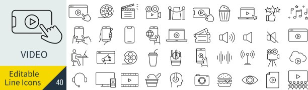 矢量单色视频线艺术图标集图片下载