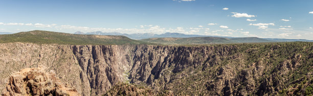 美国阳光明媚的一天，甘尼逊黑峡谷的甘尼逊河和岩壁全景照片图片下载