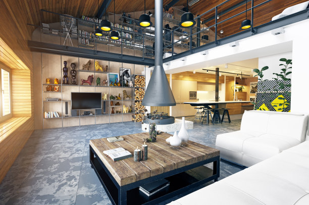 现代阁楼客厅内部。图片下载