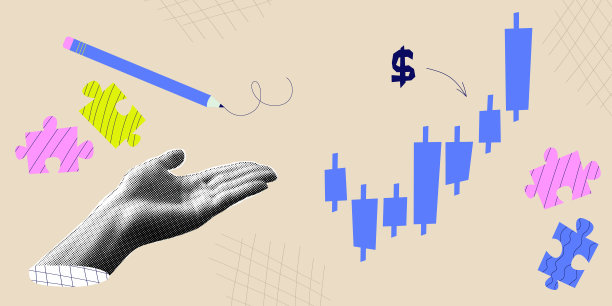 半色调拼贴与手绘图表。增长型金融业务和市场营销。明亮的概念与半色调的手。矢量当代插图图片下载