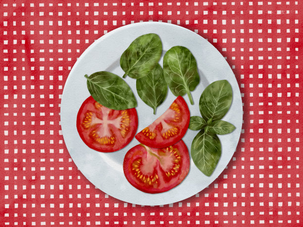 番茄菠菜盘配以红色背景，适合以食物和健康为主题图片下载