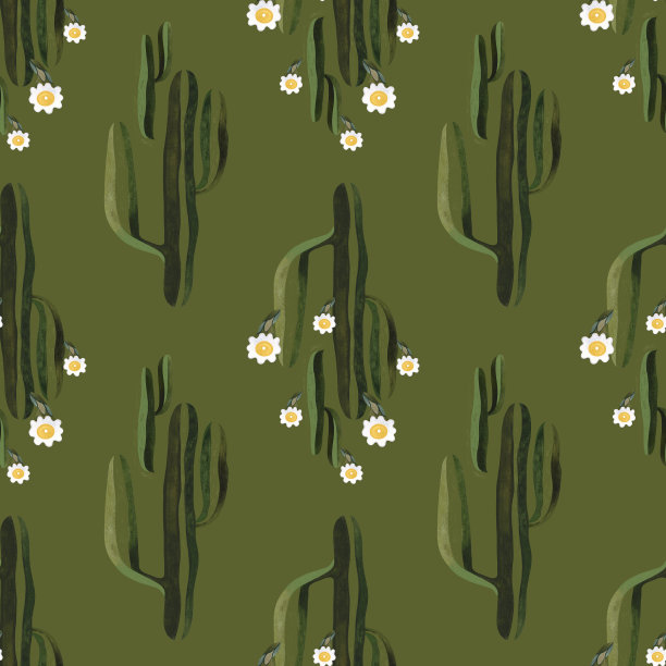 盛开的仙人掌。用于包装纸、墙纸和纺织品的无缝水彩图案。图片下载