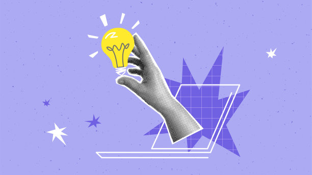 拼贴与半色调的手，笔记本电脑和灯泡图片下载