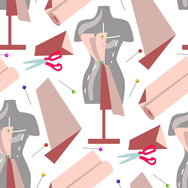 彩色粉色缝纫剪刀，织物，针，人体模型的图案。一件衣服的模型。矢量插图。在纺织品和纸张上印刷，在白底上无缝图片下载