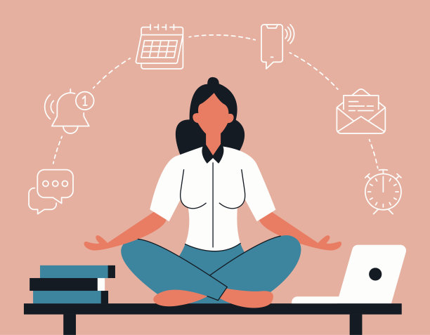 在数字干扰中集中注意力的冥想，办公室工作人员练习正念，通知管理，缓解压力，工作效率，数字排毒，员工健康，正念工作环境图片下载