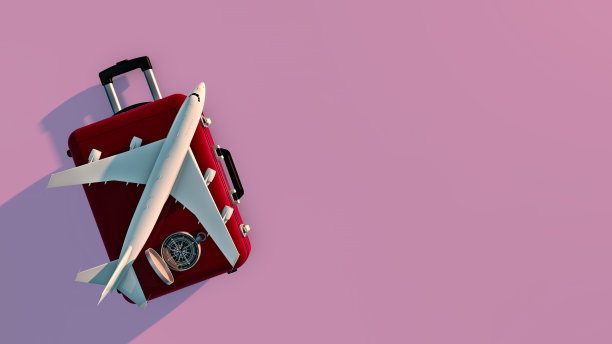 客机，行李，和指南针旅行度假概念3d插图渲染图片下载