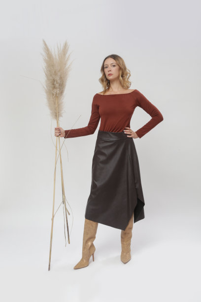 系列工作室女模特的照片，棕色衬衫和皮革中长裙和高膝靴，秋冬时装系列。图片下载