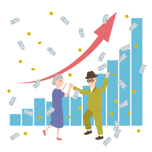 图为一对老年夫妇庆祝股价上涨并互相击掌庆祝。图片下载