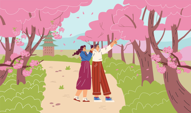春天矢量场景与年轻夫妇拍摄樱花，快乐的花见图片下载