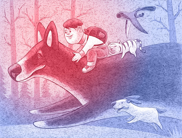 小学生骑着大灰狼带着宠物奔跑图片下载