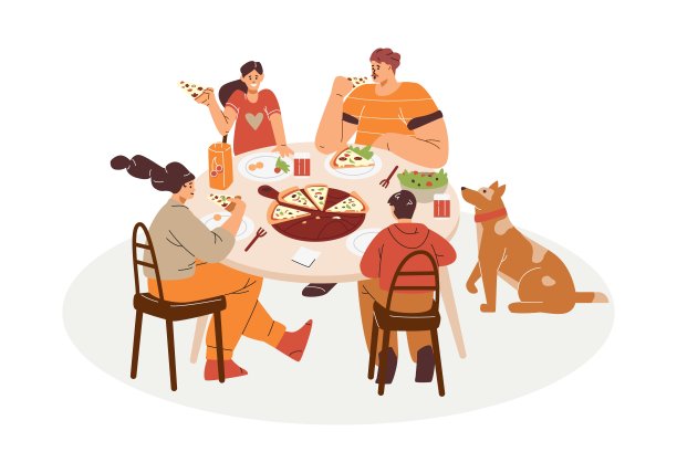 共享食物与披萨和宠物，矢量图像在孤立的背景。图片下载