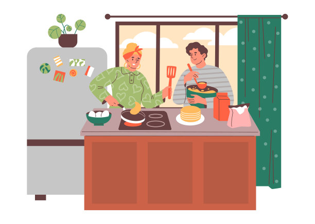 一家人一起做煎饼的矢量。平的风格。图片下载