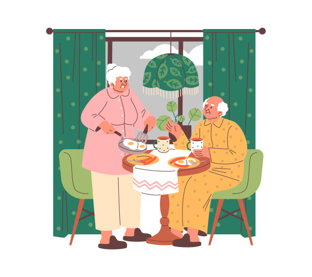 一对老夫妇在厨房享用炒蛋早餐。图片下载