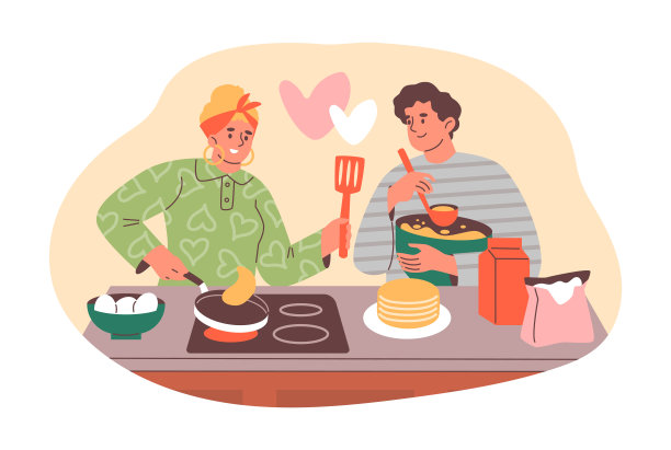 母亲和儿子在矢量场景烹饪煎饼。扁平隔离贴纸。图片下载