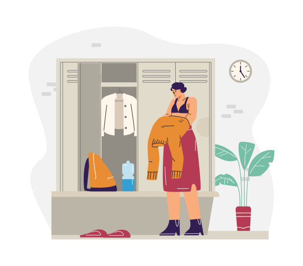 年轻女子在运动更衣室穿衣矢量插图，运动员在健身房训练后换衣服图片下载