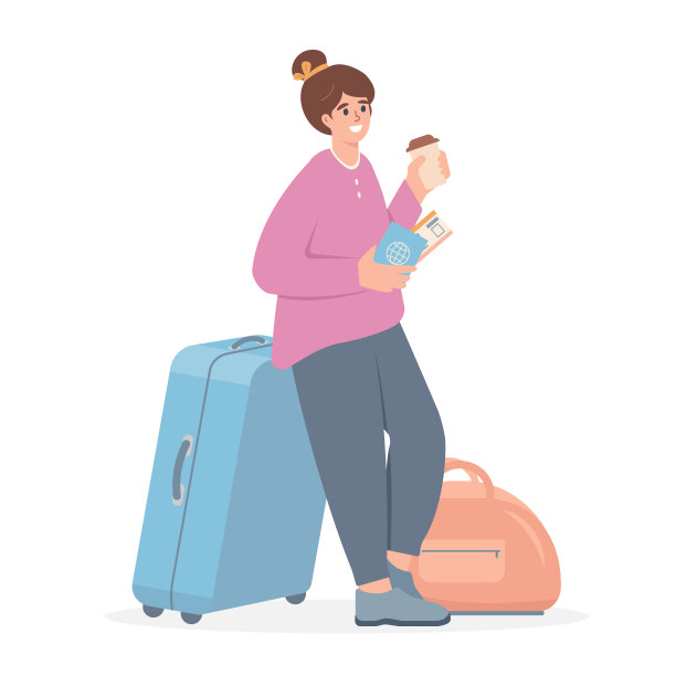 快乐的女人带着行李准备旅行。带着旅行箱和包的旅行家女性角色。离港或抵港旅客。图片下载