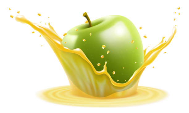 成熟多汁的青苹果落在新鲜的苹果汁中。透明的飞溅和滴，清爽的果汁飞溅与苹果，现实的3d矢量插图图片下载