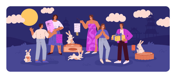 庆祝秋天的节日:矢量插图与月饼，男人，女人和白兔图片下载