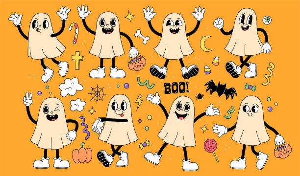 设置鬼在一个卡通复古风格的不同的姿势。万圣节人物插画复古风格。图片下载