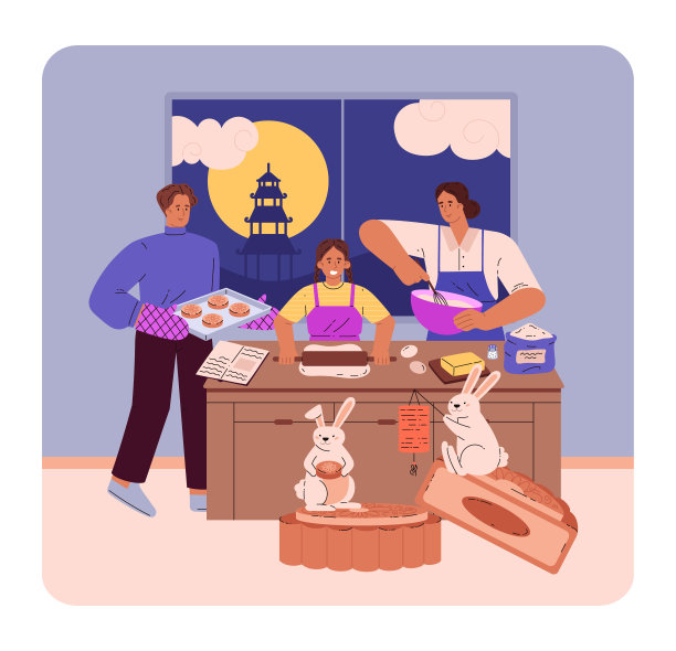 这家人正在为中秋节准备皮拉吉。向量。图片下载