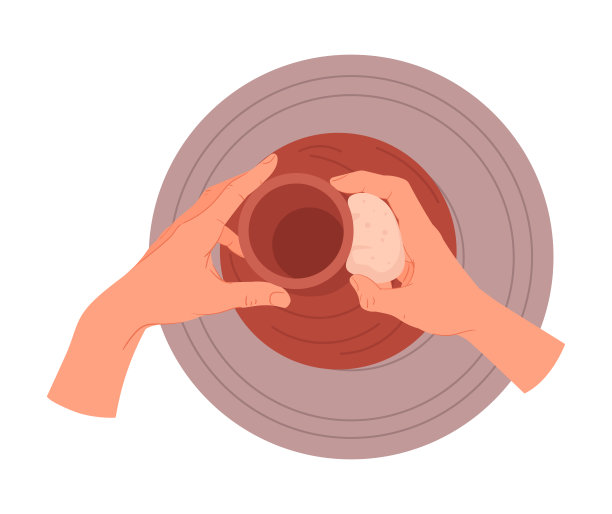 手制作锅。陶器车间过程，陶工的手在陶工车轮上创造陶器平面矢量插图。陶瓷工作室陶工陶土造型花瓶图片下载