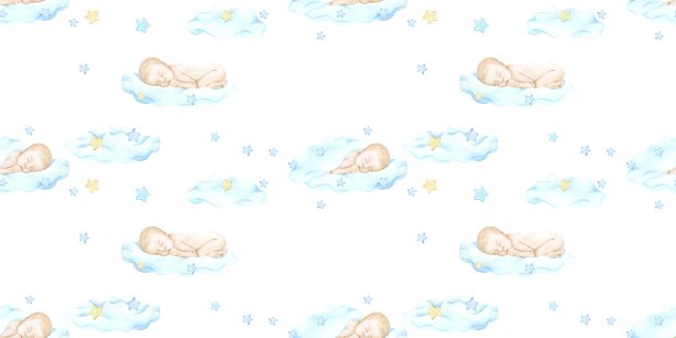 无缝水彩图案睡觉宝贝，好梦，晚安。可爱的宝贝睡着了，甜甜的梦宝贝，晚安。蓝色的云，星星。为婴儿派对、生日设计。没完没了的背景。图片下载